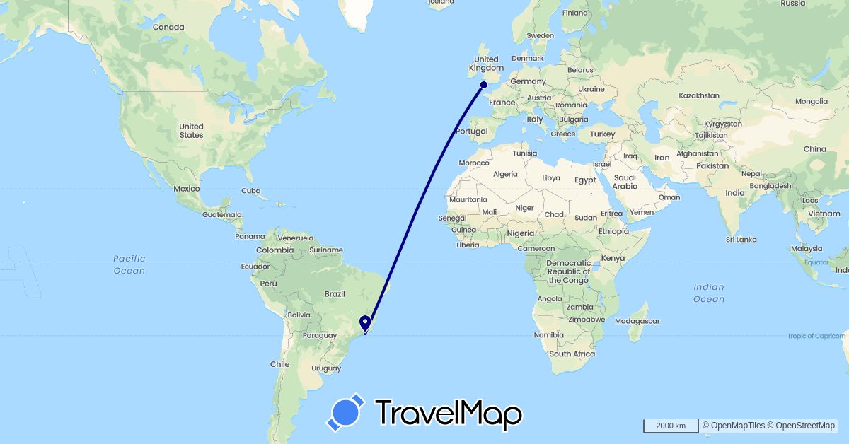 TravelMap itinerary: driving in Brazil, United Kingdom (Europe, South America)