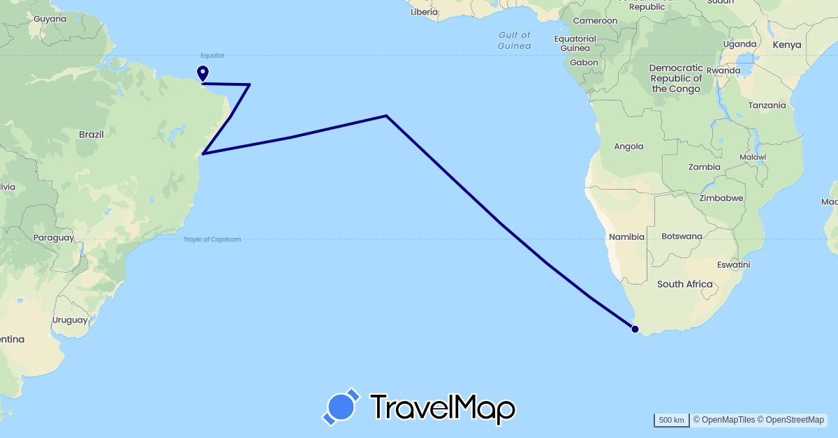 TravelMap itinerary: driving in Brazil, Saint Helena, South Africa (Africa, South America)